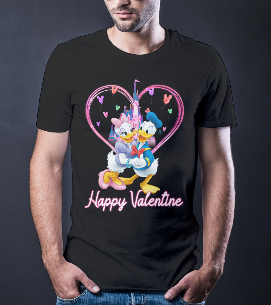 Happy Valentine Donald And Daisy In Front Of Heart Castle T-Shirt