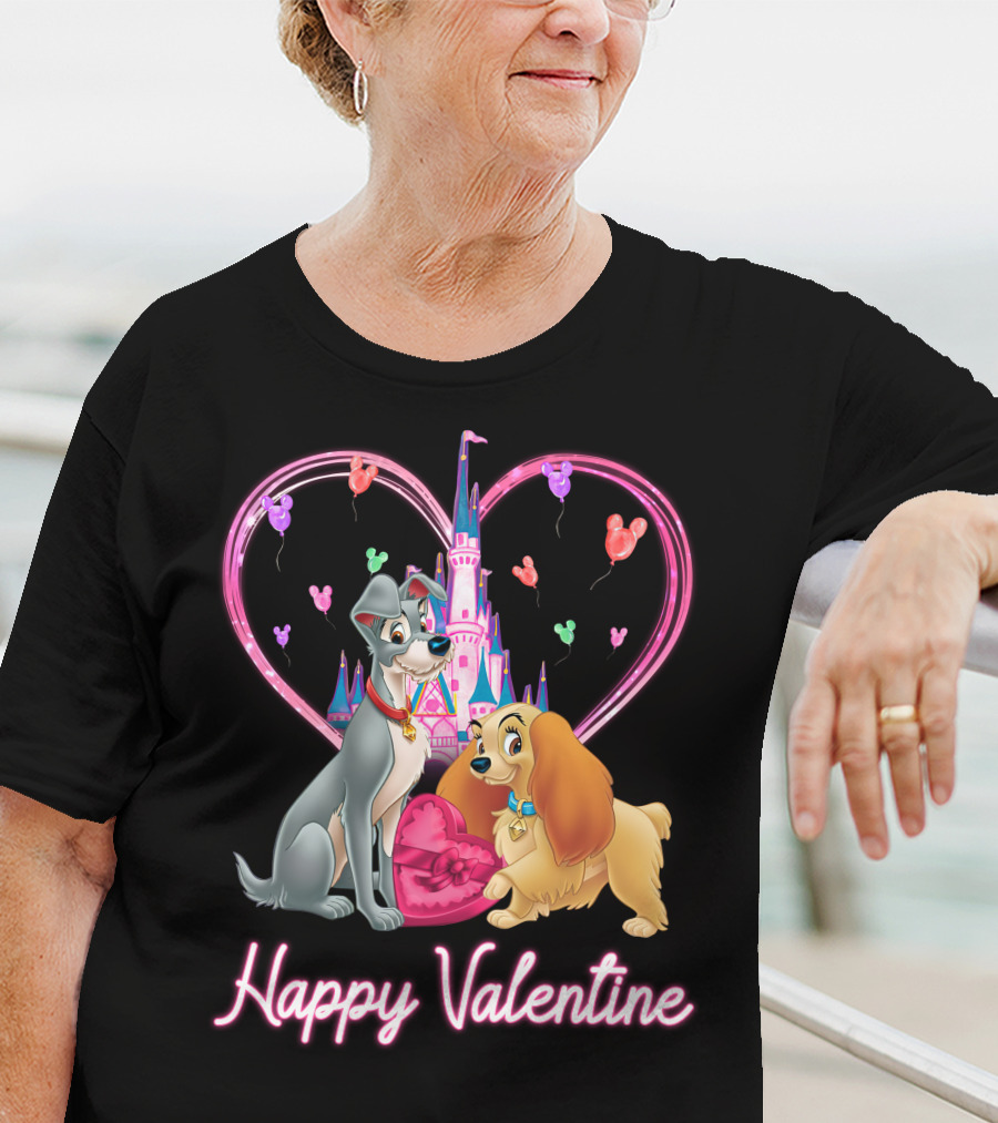 Happy Valentine Lady & The Tramp Heart Castle Balloons T-Shirt
