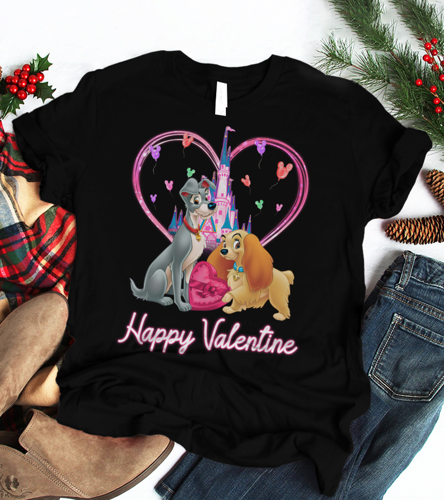 Happy Valentine Lady & The Tramp Heart Castle Balloons T-Shirt