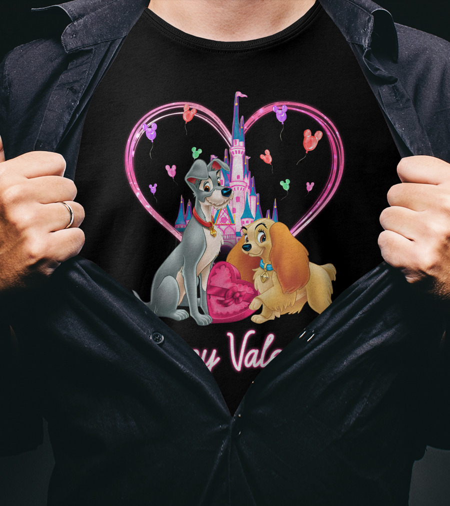 Happy Valentine Lady & The Tramp Heart Castle Balloons T-Shirt