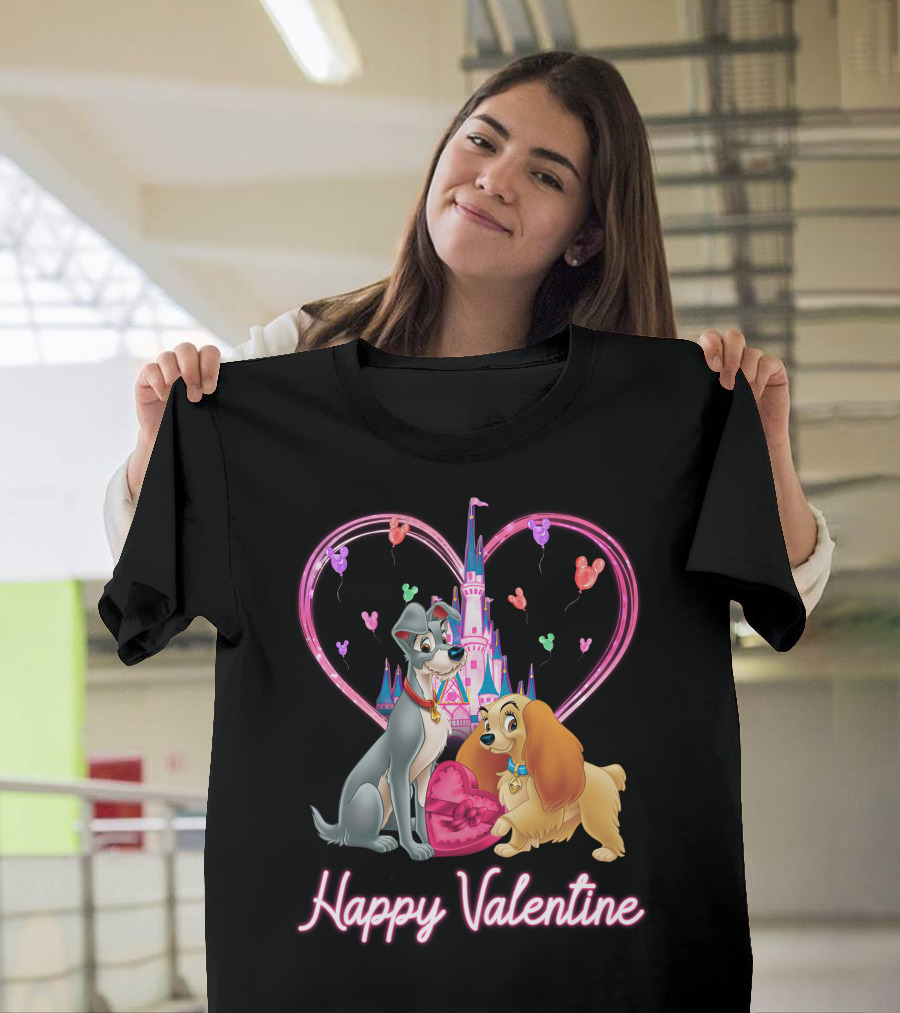 Happy Valentine Lady & The Tramp Heart Castle Balloons T-Shirt