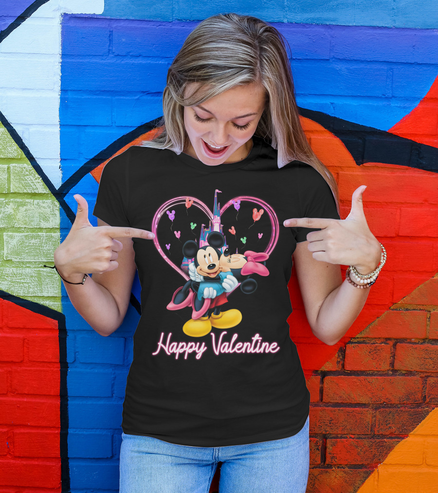 Mickey & Minnie Happy Valentine Heart And Castle Celebration T-Shirt