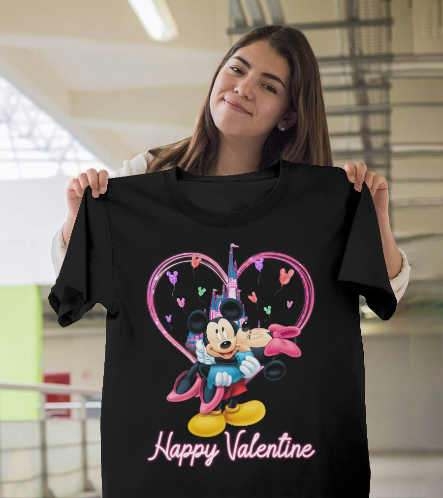 Mickey & Minnie Happy Valentine Heart And Castle Celebration T-Shirt