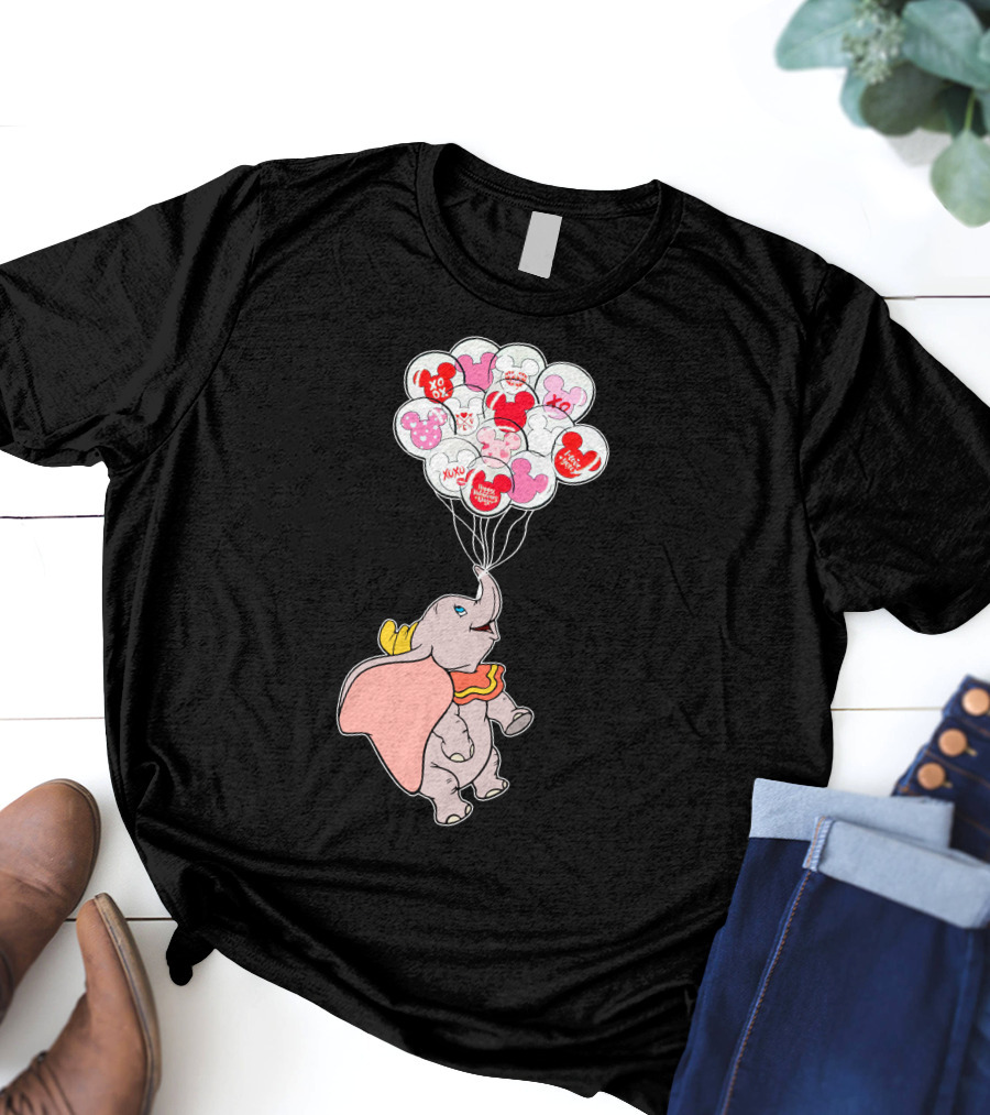 Dumbo Flying With Heart Balloons Featuring Valentine Xo And Mickey T-Shirt