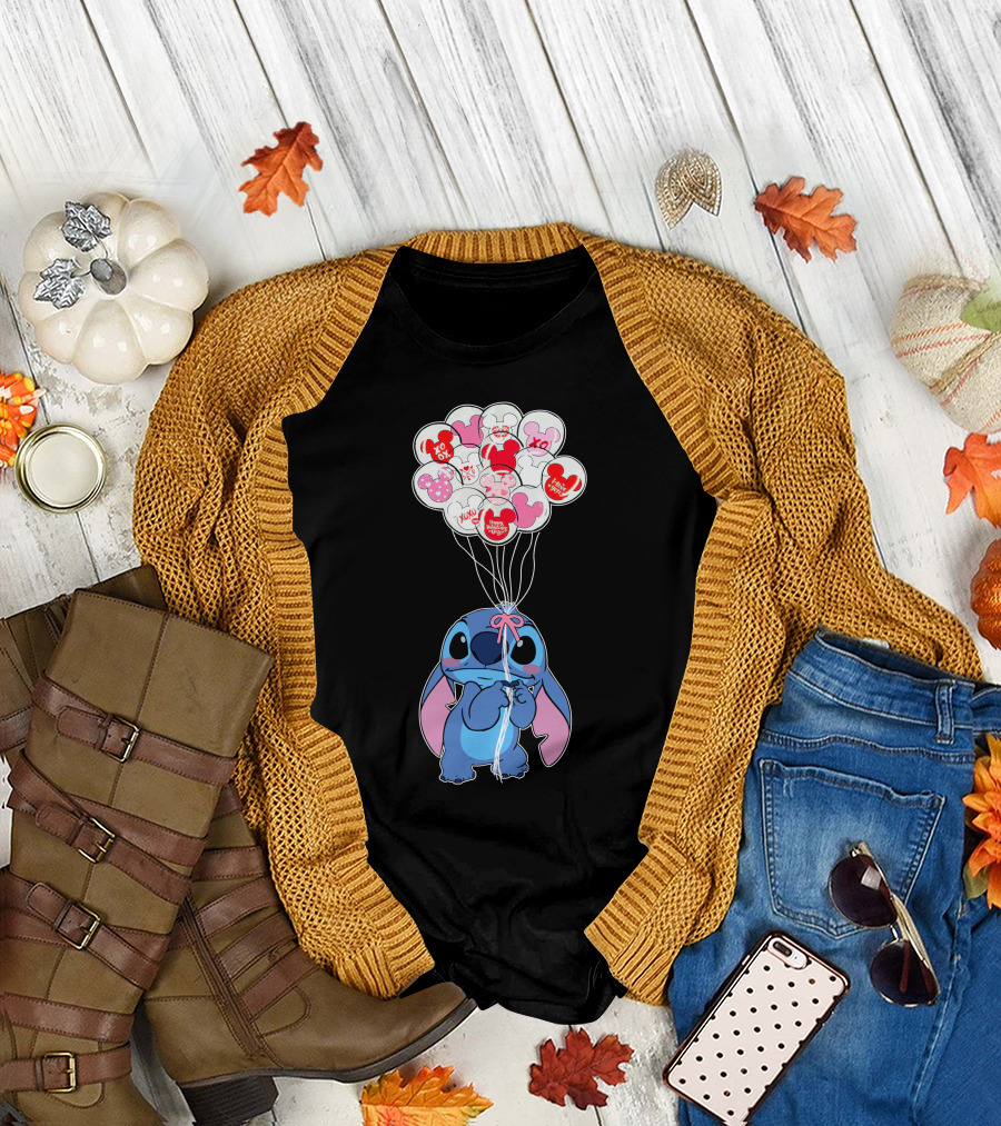 Stitch And Mickey Balloons Valentine's Xo Love T-Shirt