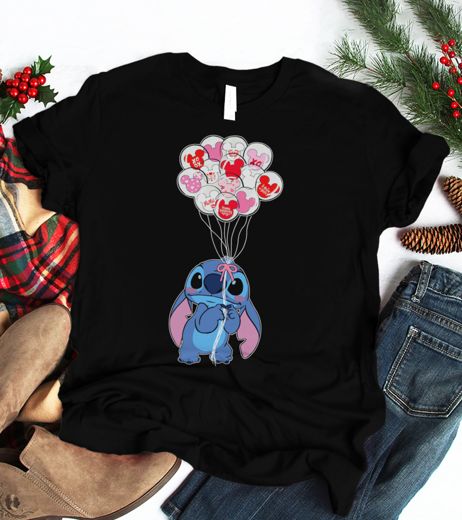 Stitch And Mickey Balloons Valentine's Xo Love T-Shirt