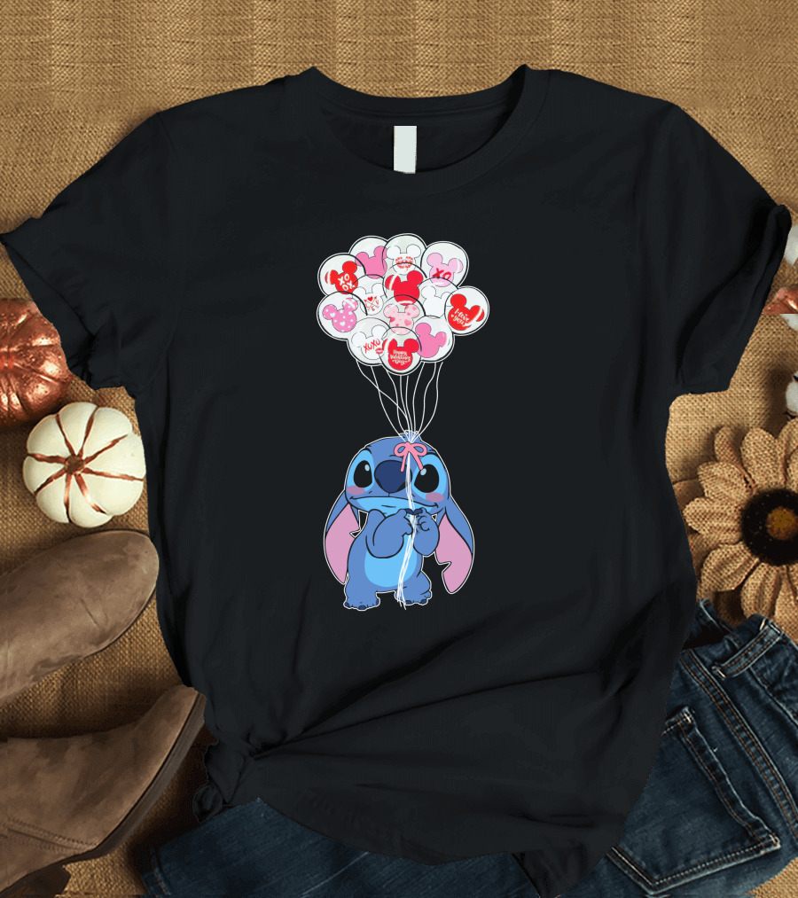 Stitch And Mickey Balloons Valentine's Xo Love T-Shirt