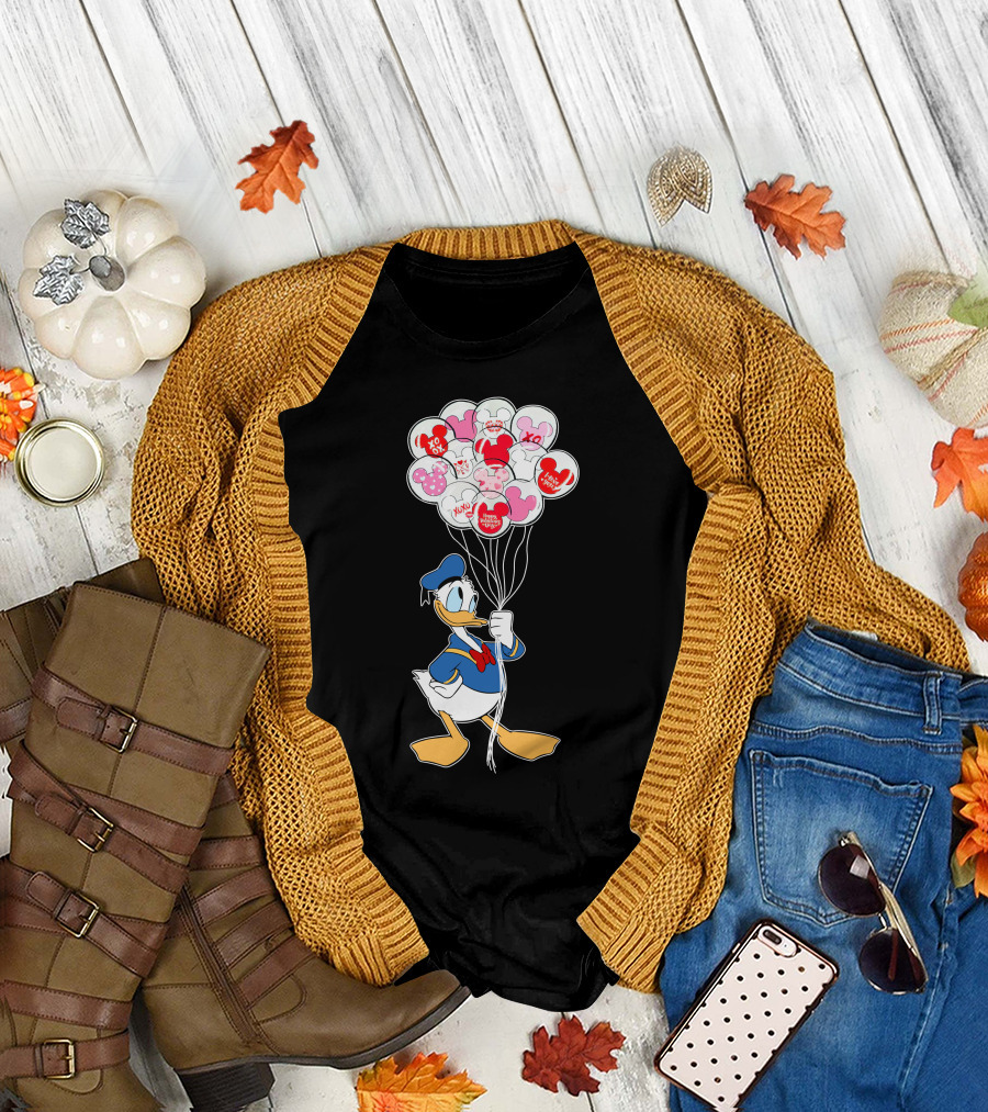 Donald Duck Holding Heart Balloons With Mickey Mouse And Minnie Icons T-Shirt