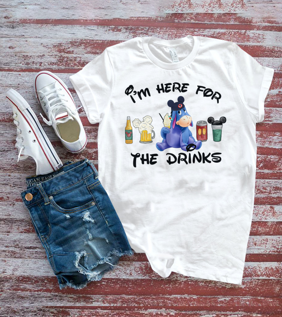I'm Here For The Drinks Eeyore With Mickey Ears Drinking Beer Soda And Cocktail T-Shirt