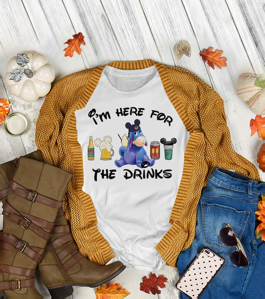 I'm Here For The Drinks Eeyore With Mickey Ears Drinking Beer Soda And Cocktail T-Shirt