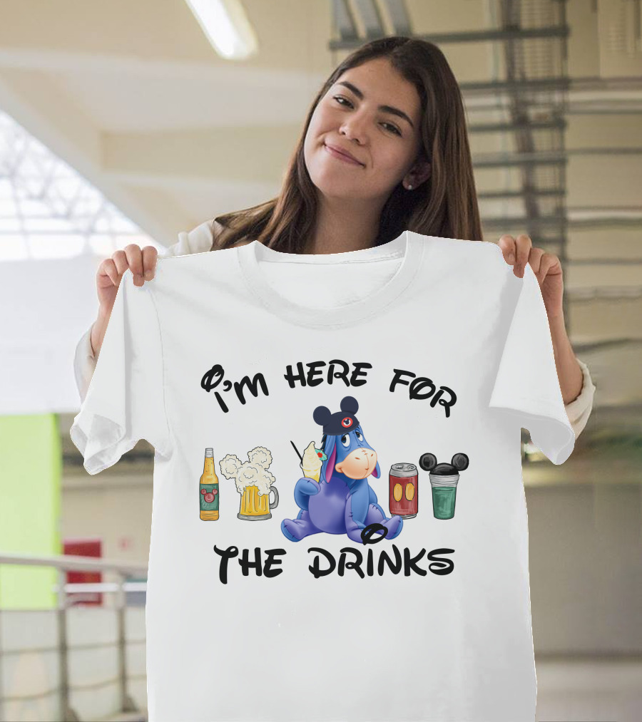I'm Here For The Drinks Eeyore With Mickey Ears Drinking Beer Soda And Cocktail T-Shirt