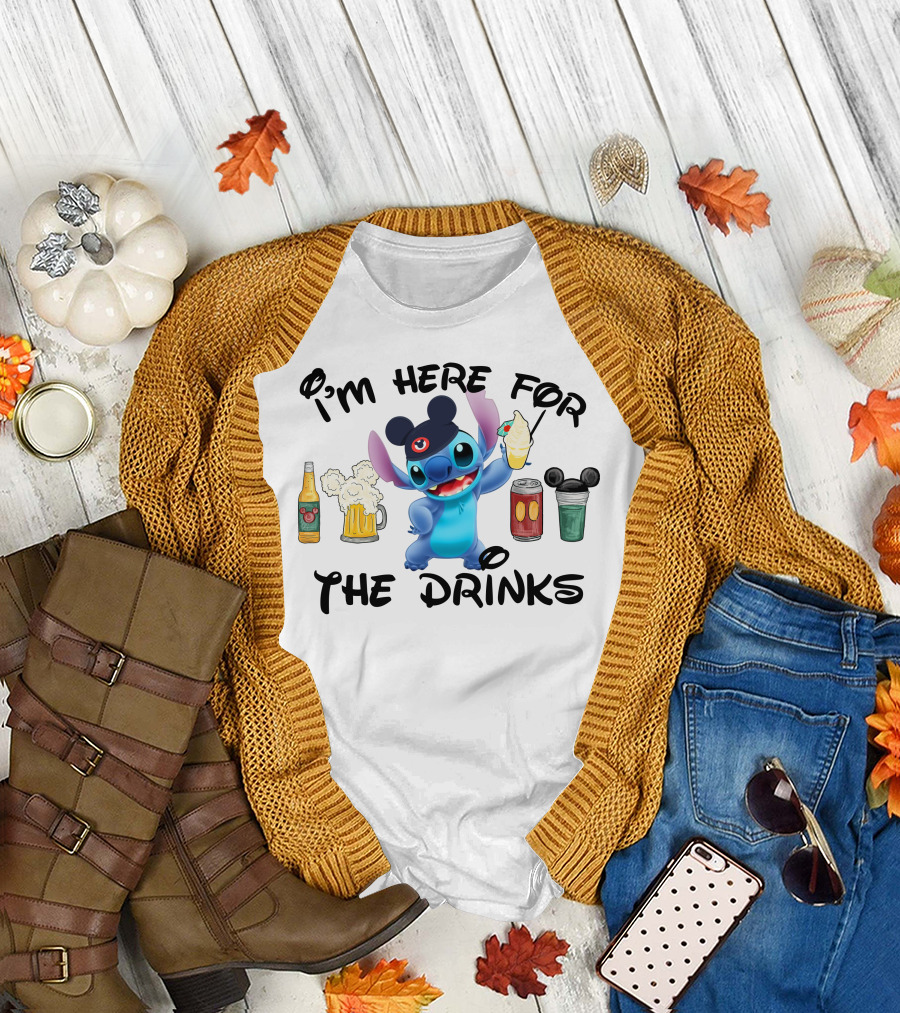 I'm Here For The Drinks Disney Stitch Hat Beer Cocktails T-Shirt