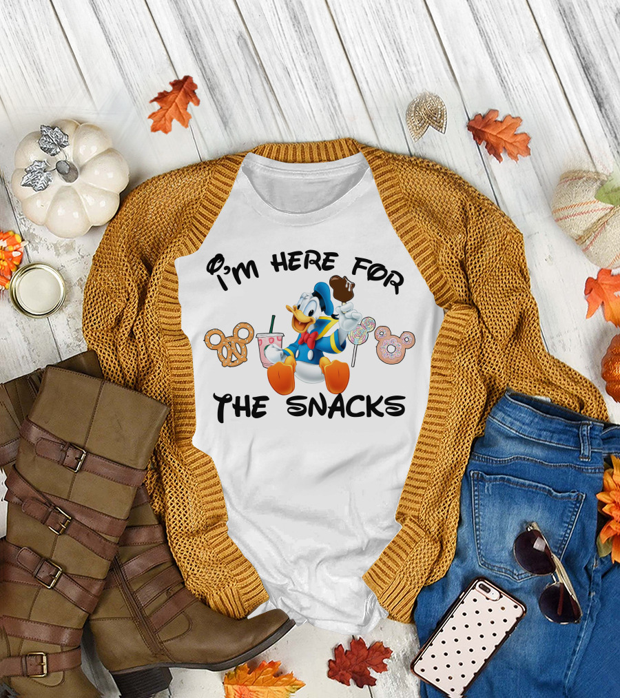 I'm Here For The Snacks Donald Duck Mickey Mouse Pretzel Lollipop Ice Cream Drink T-Shirt