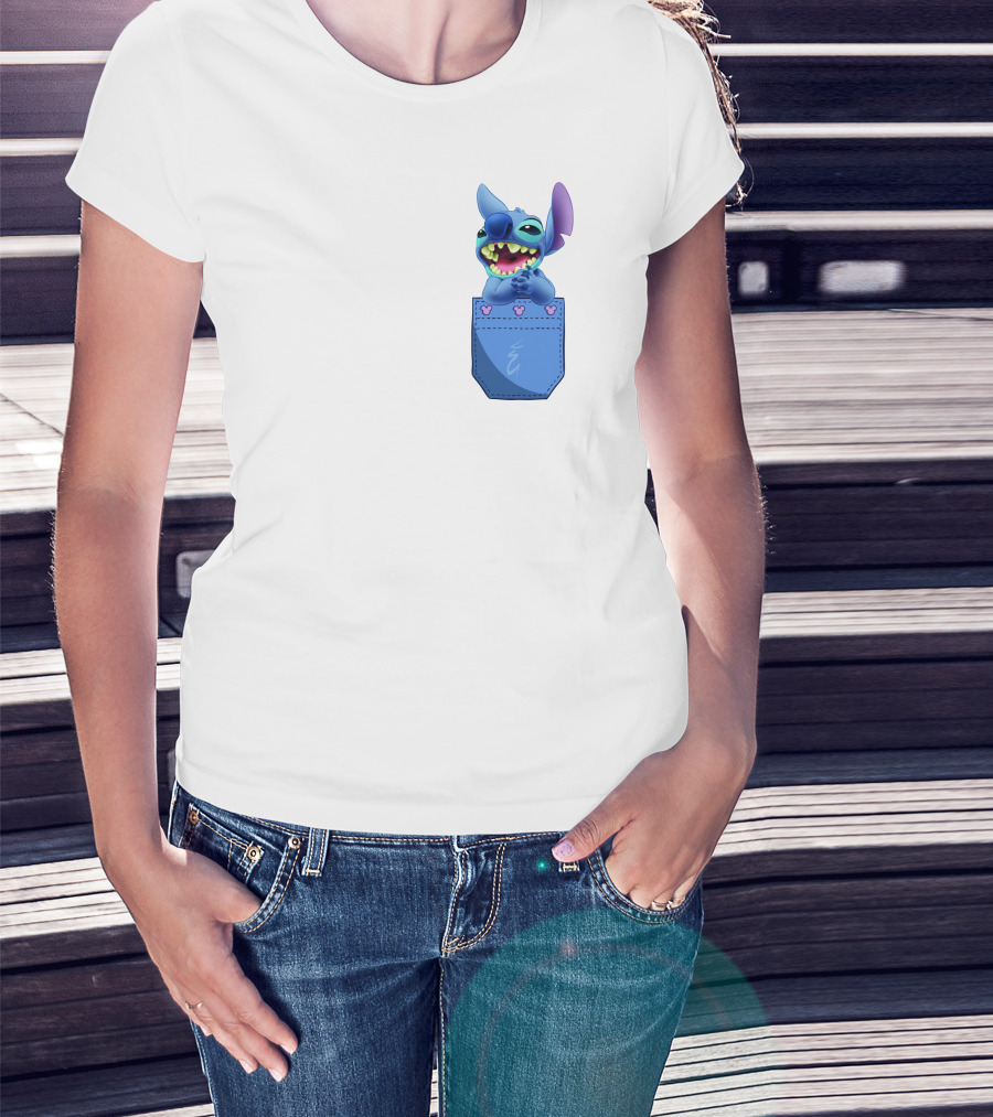 Stitch Pocket Smiling Face With Purple Ears T-Shirt