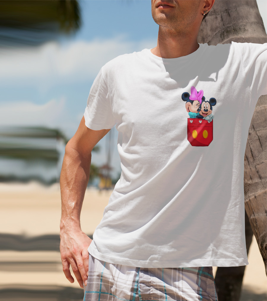 Mickey Mouse And Minnie Mouse In Red Pocket With Hearts And Bow T-Shirt