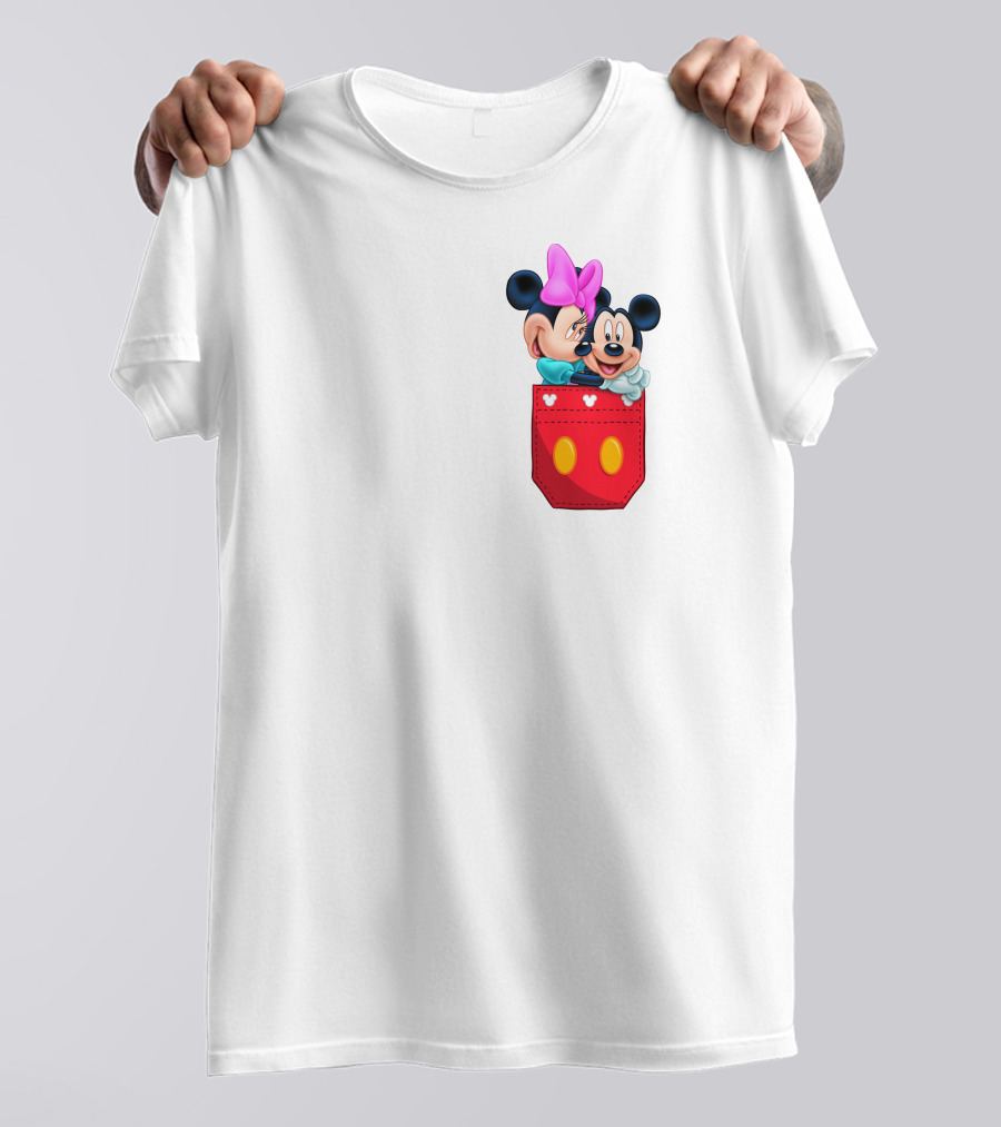 Mickey Mouse And Minnie Mouse In Red Pocket With Hearts And Bow T-Shirt