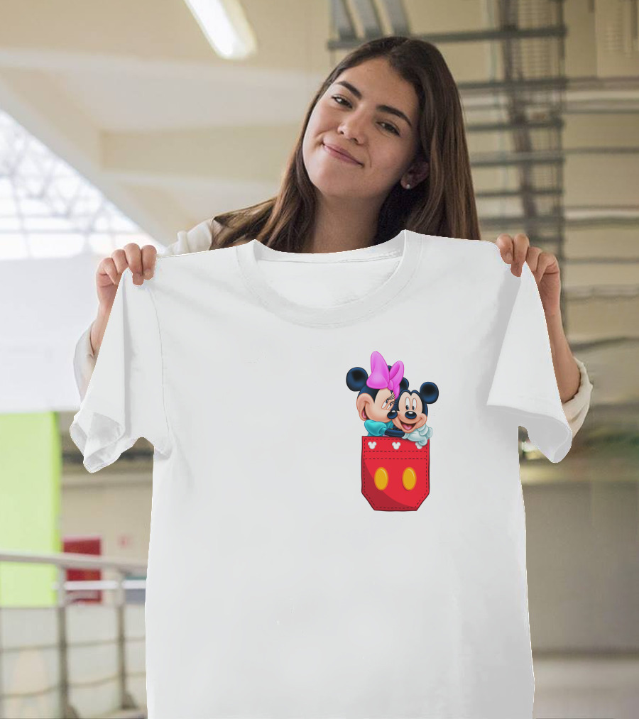 Mickey Mouse And Minnie Mouse In Red Pocket With Hearts And Bow T-Shirt