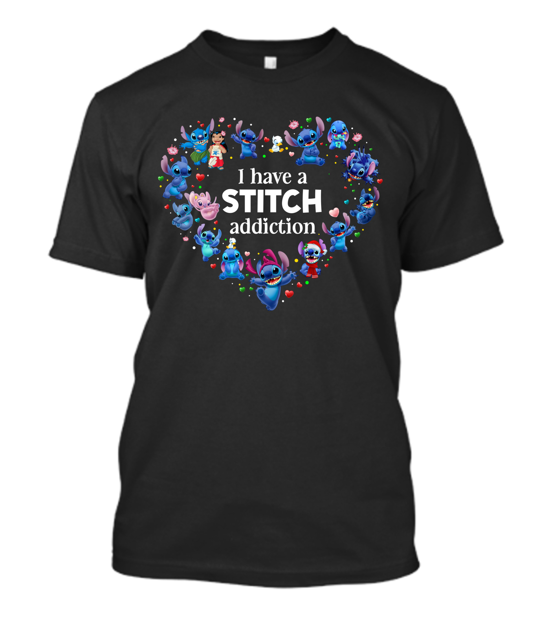 I Have A Stitch Addiction Heart Pattern With Characters T-Shirt