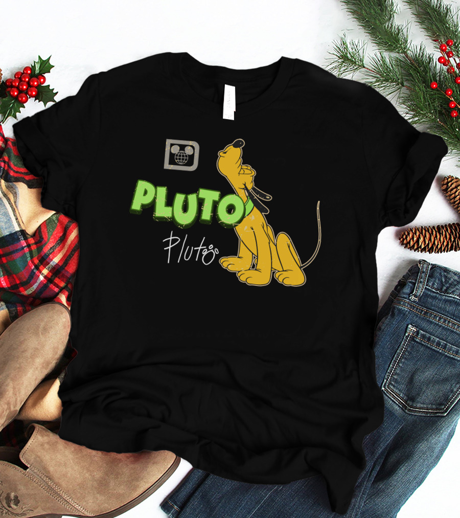 Disney Pluto Green Text Iconic Cartoon Dog T-Shirt