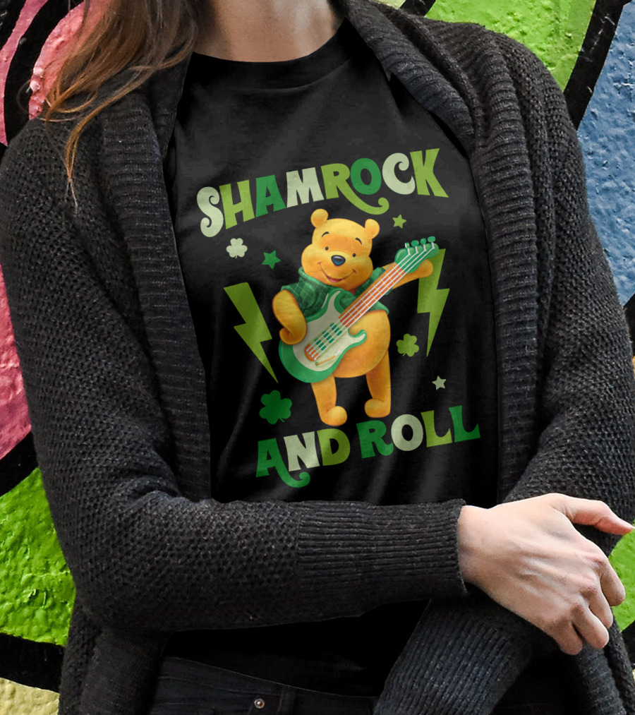 Shamrock And Roll Pooh Bear With Guitar And Green Lightning Bolts T-Shirt