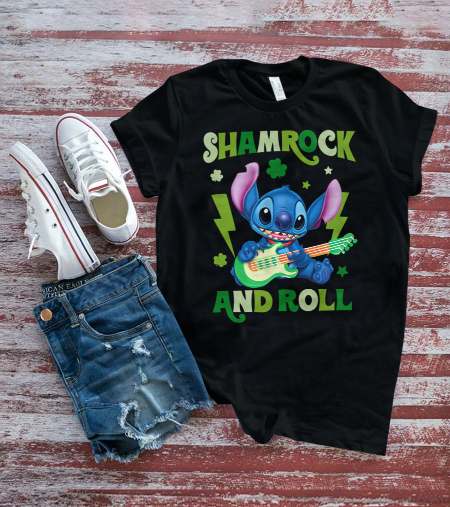 Shamrock And Roll Stitch Playing Guitar T-Shirt