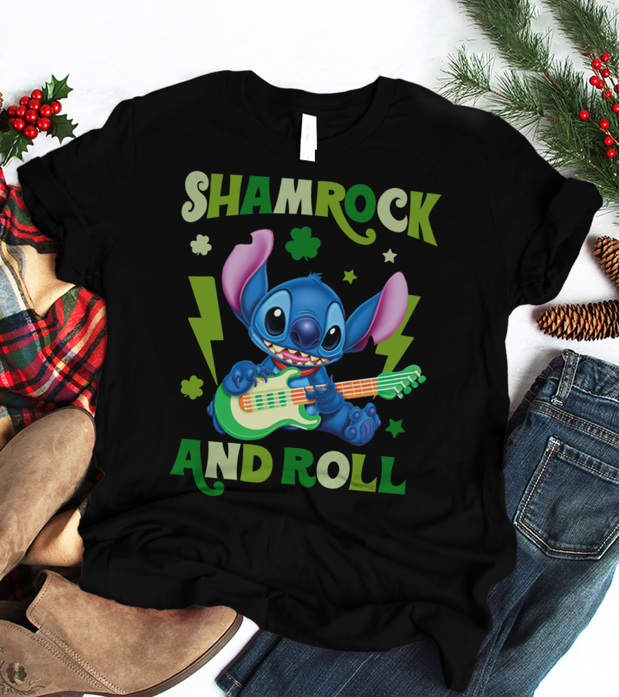 Shamrock And Roll Stitch Playing Guitar T-Shirt