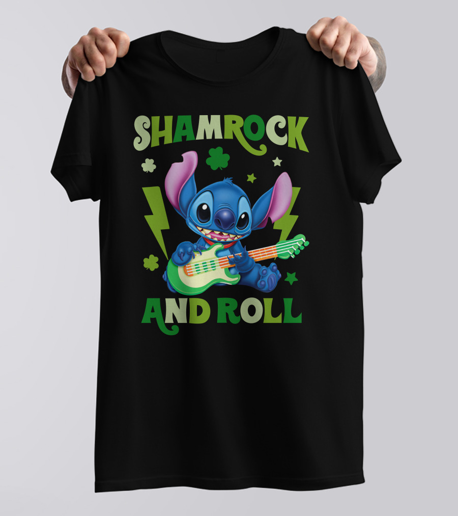 Shamrock And Roll Stitch Playing Guitar T-Shirt