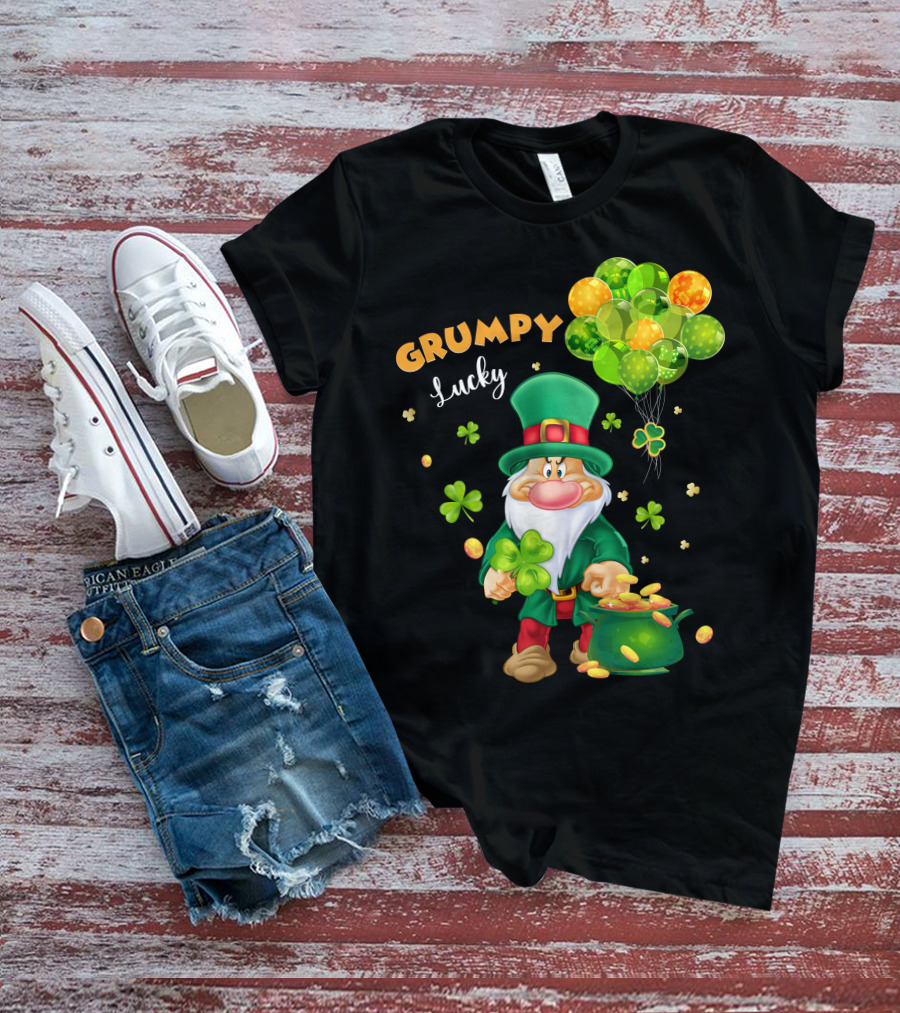 Grumpy Lucky Leprechaun With Shamrocks And Gold Coins T-Shirt