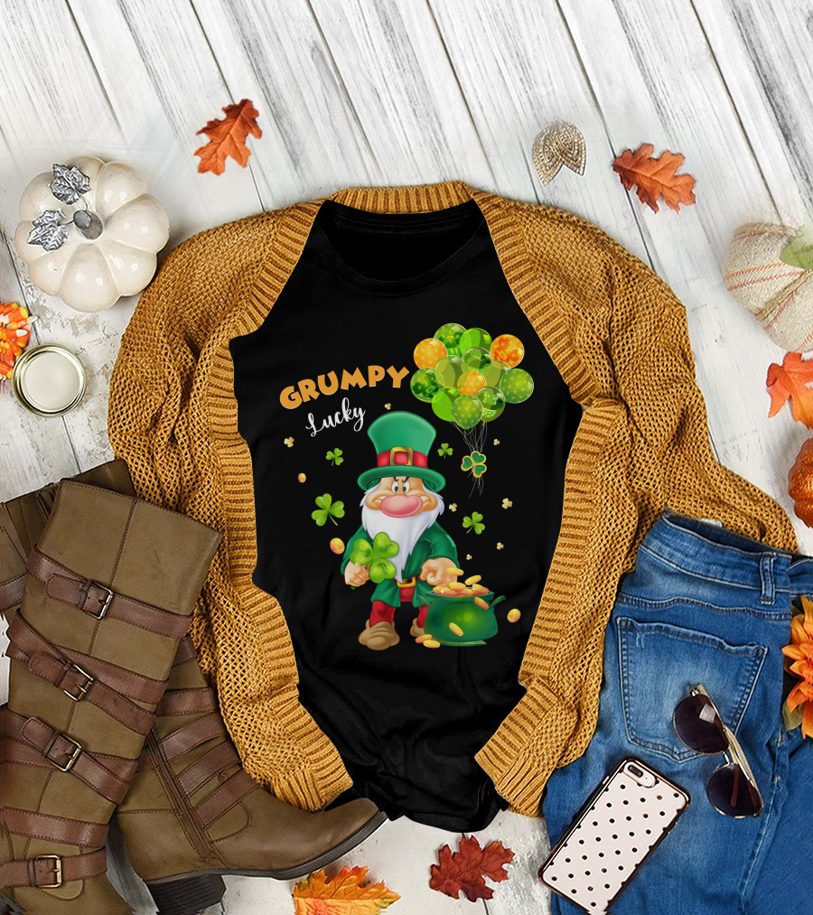 Grumpy Lucky Leprechaun With Shamrocks And Gold Coins T-Shirt