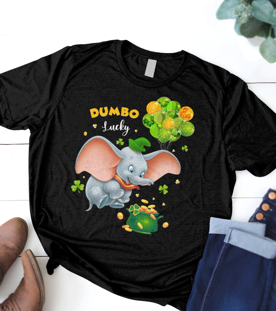 Dumbo Lucky Elephant With Green Hat And Balloons With Pot Of Gold T-Shirt