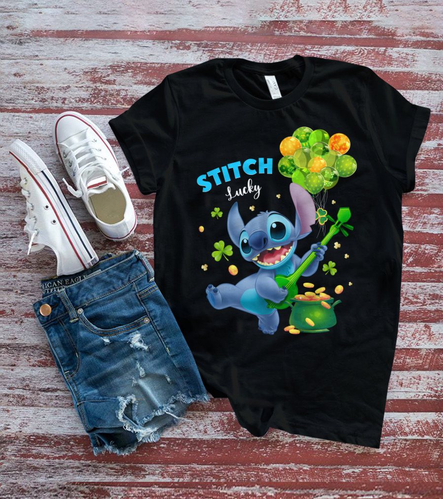 Stitch Lucky Balloons And Shamrock Celebration T-Shirt