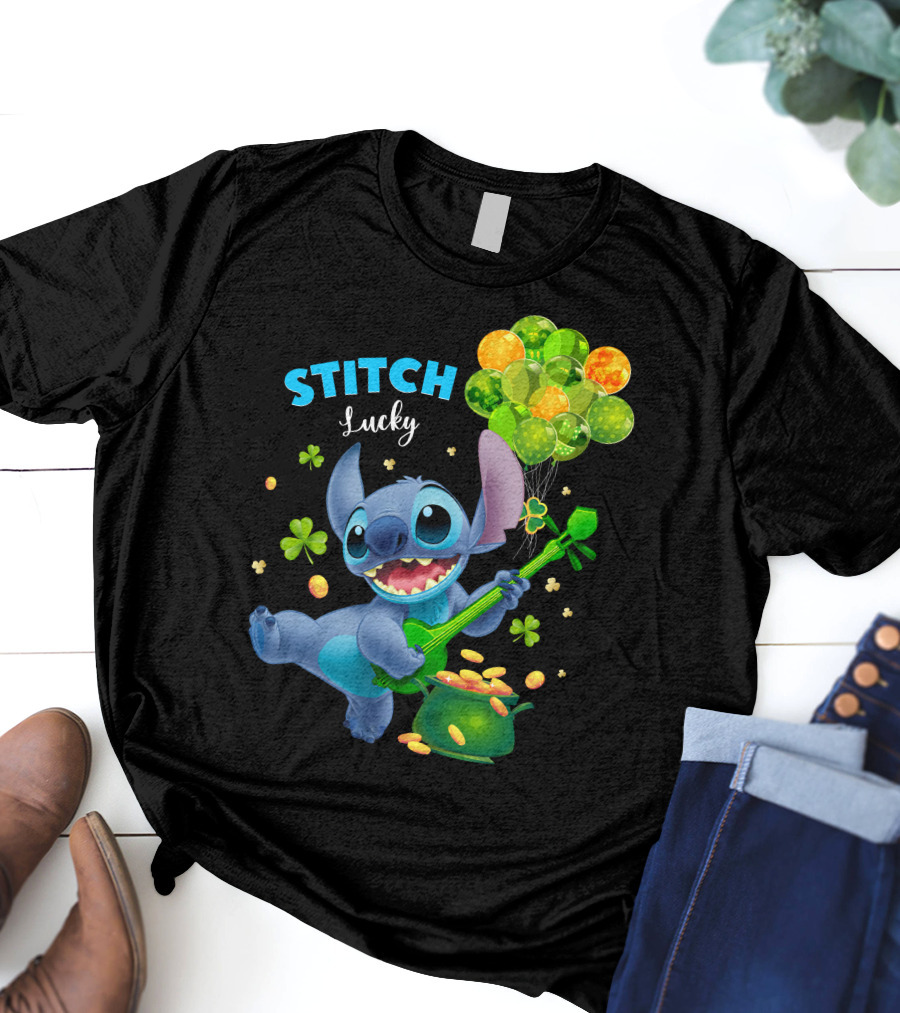 Stitch Lucky Balloons And Shamrock Celebration T-Shirt