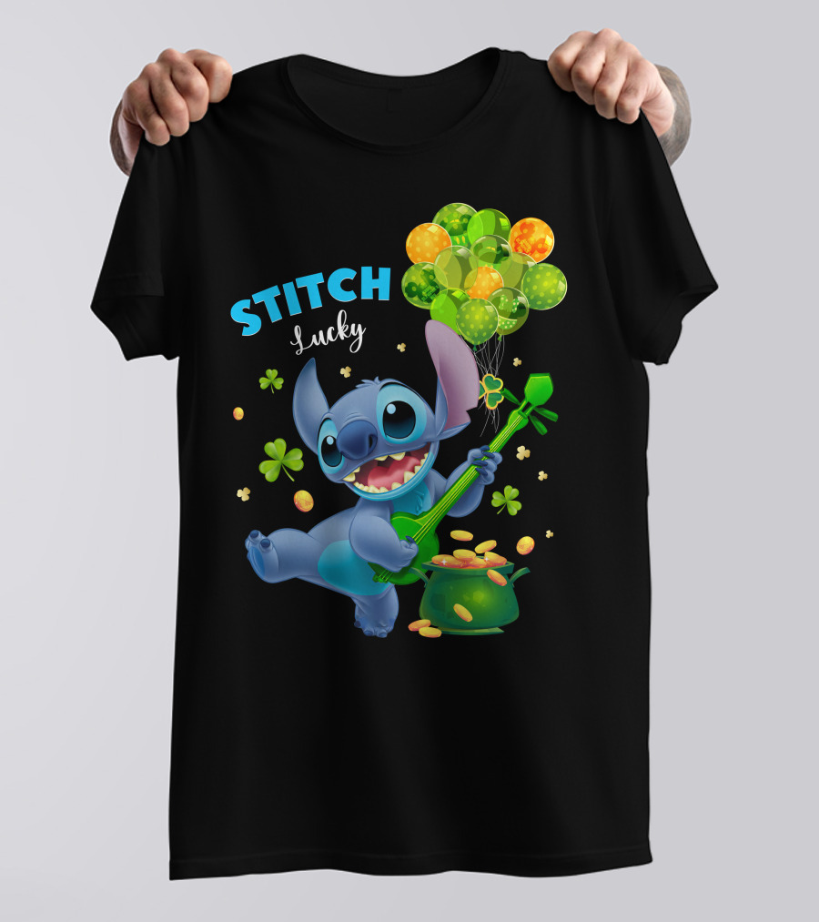 Stitch Lucky Balloons And Shamrock Celebration T-Shirt