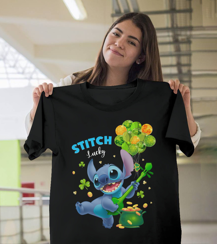 Stitch Lucky Balloons And Shamrock Celebration T-Shirt