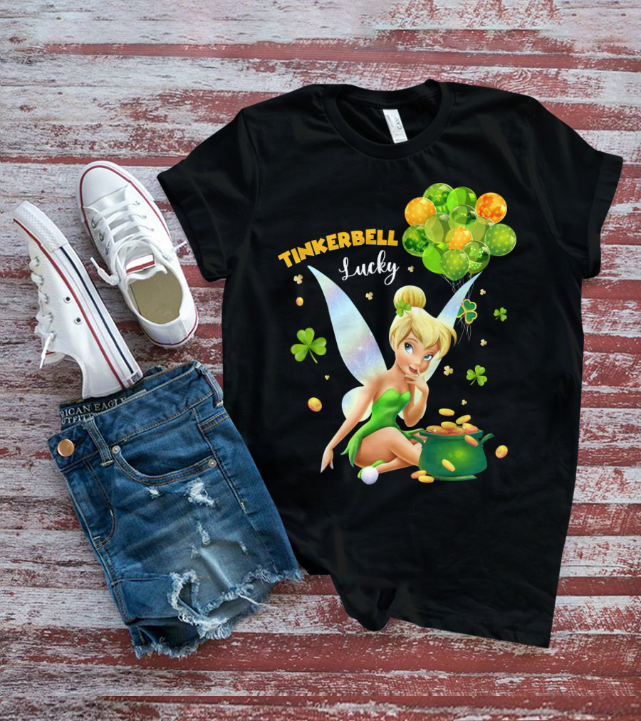 Tinkerbell Lucky Balloons And Clover With Pot Of Gold T-Shirt