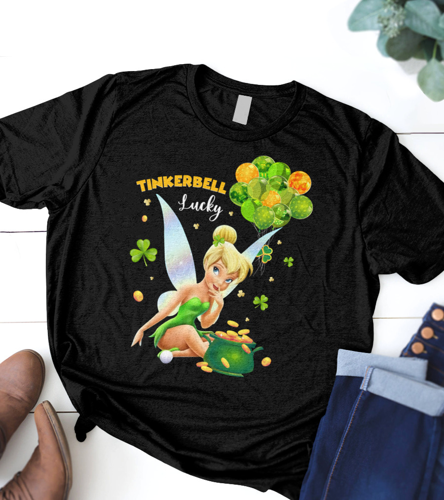 Tinkerbell Lucky Balloons And Clover With Pot Of Gold T-Shirt