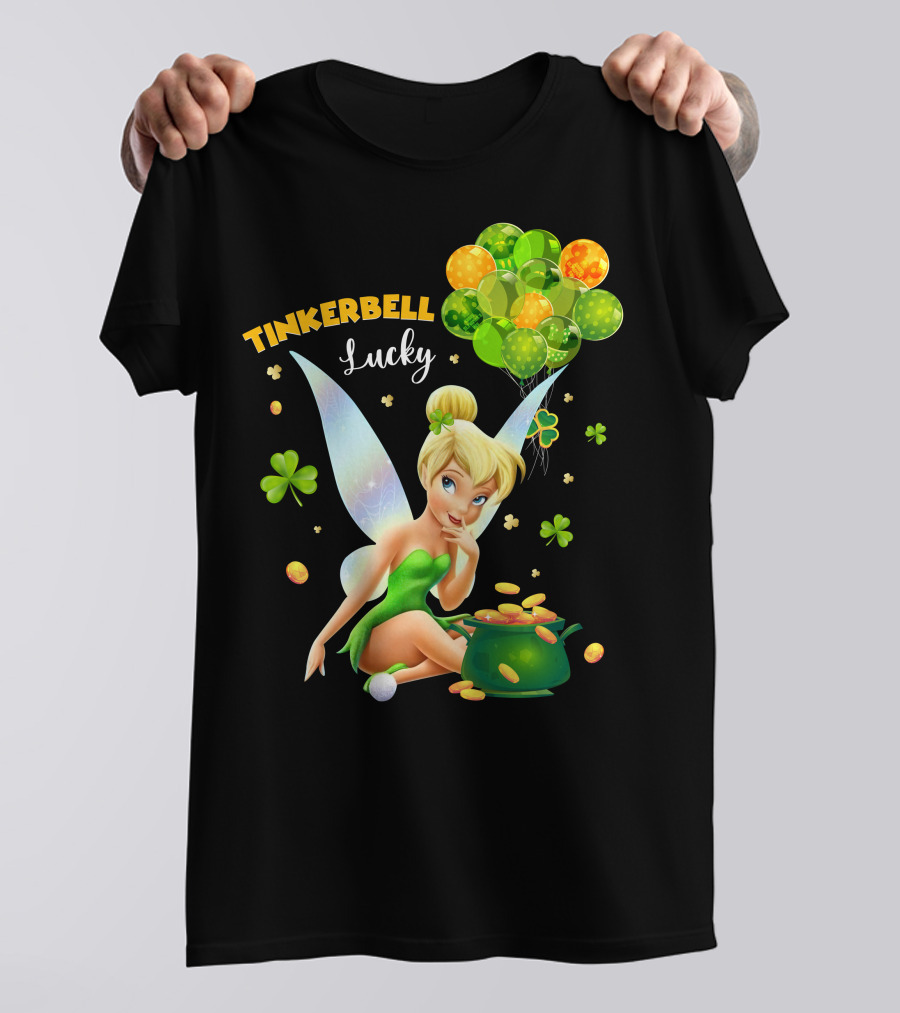 Tinkerbell Lucky Balloons And Clover With Pot Of Gold T-Shirt