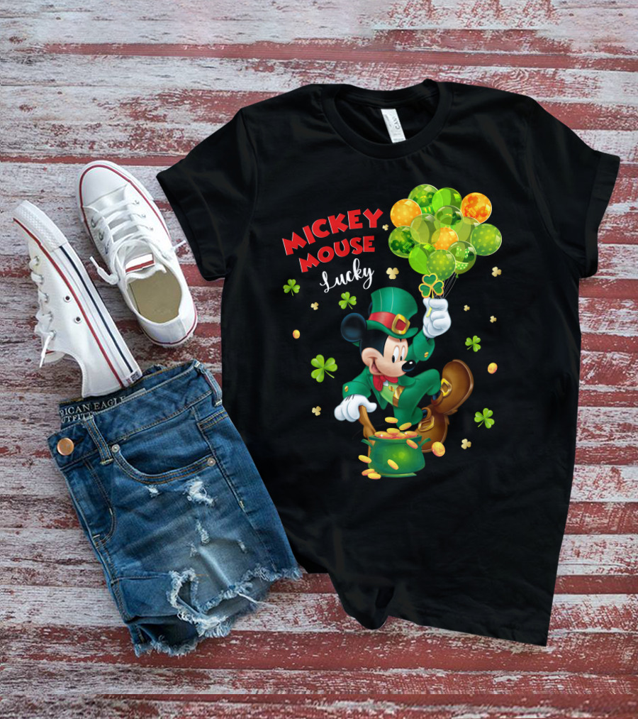 Mickey Mouse Lucky Shamrock Balloons Leprechaun Coins T-Shirt