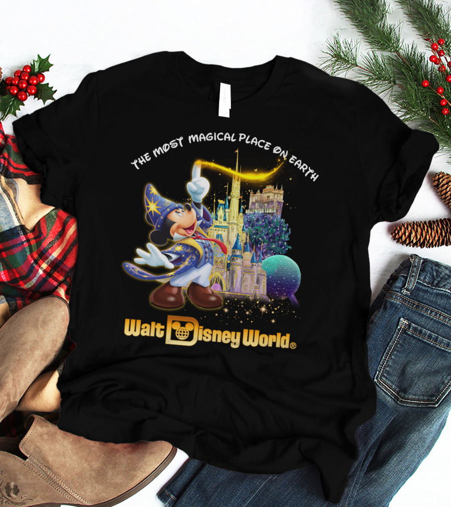 Walt Disney World The Most Magical Place On Earth Mickey Sorcerer Hat Castle T-Shirt