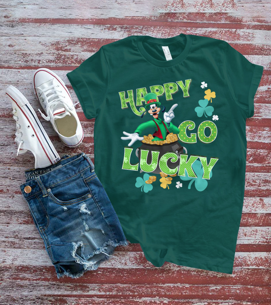 Happy Go Lucky Goofy Pot Of Gold Shamrocks T-Shirt