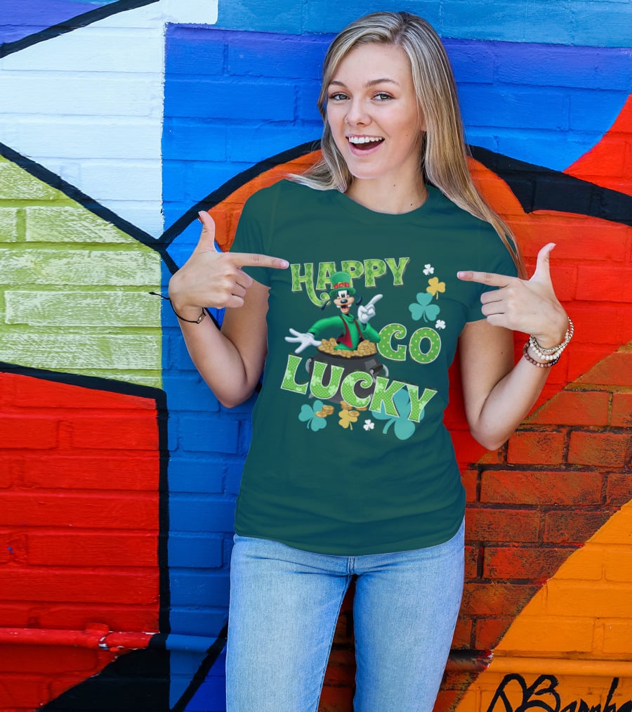 Happy Go Lucky Goofy Pot Of Gold Shamrocks T-Shirt
