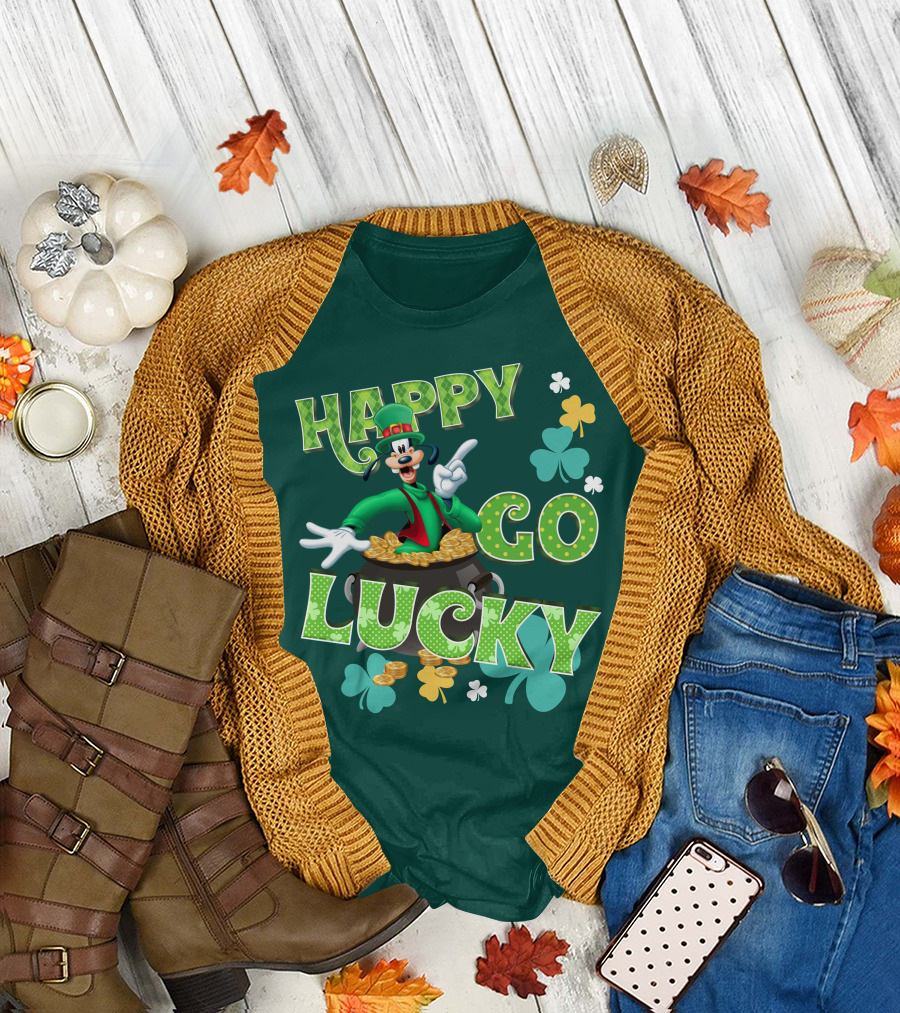 Happy Go Lucky Goofy Pot Of Gold Shamrocks T-Shirt
