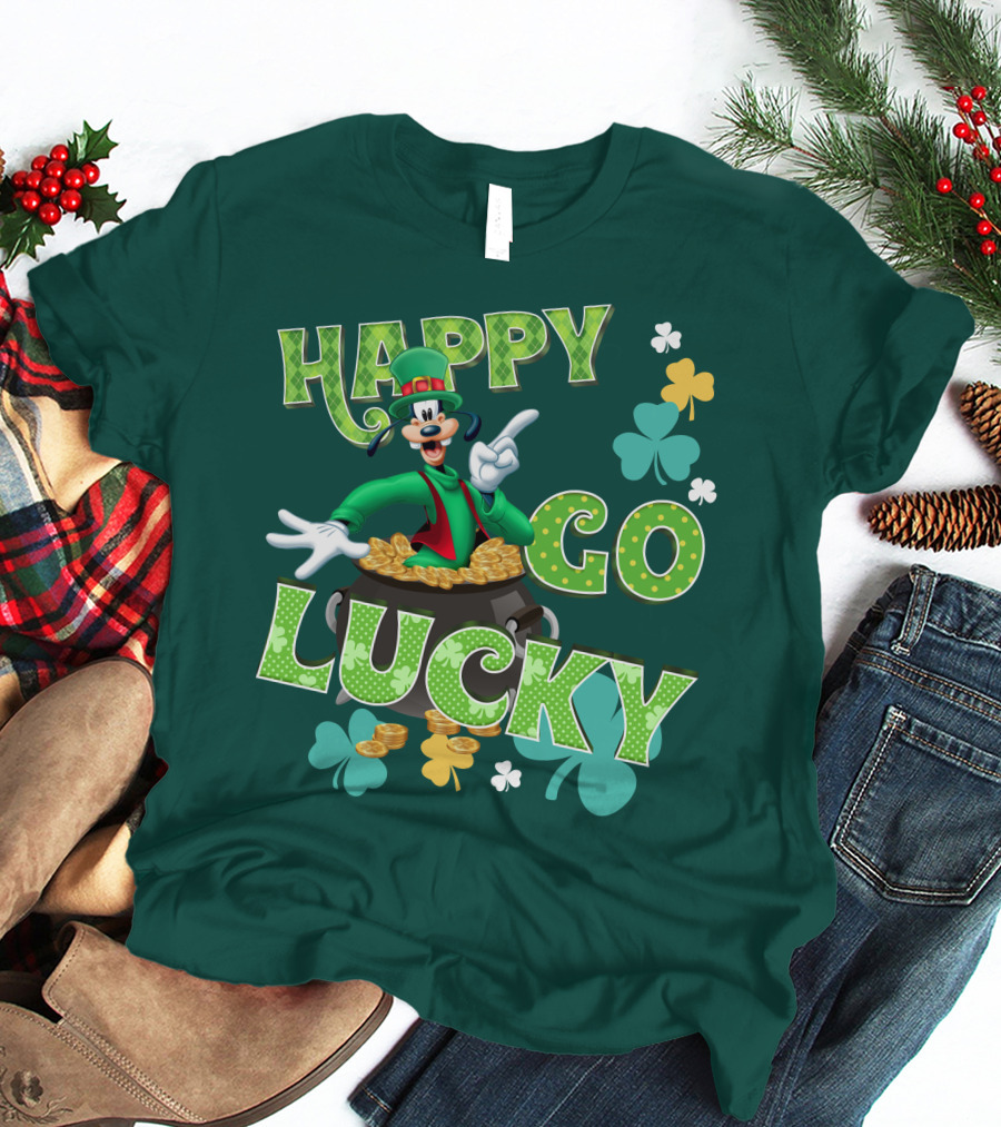 Happy Go Lucky Goofy Pot Of Gold Shamrocks T-Shirt