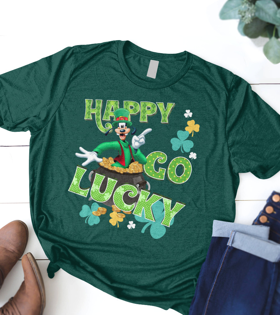 Happy Go Lucky Goofy Pot Of Gold Shamrocks T-Shirt