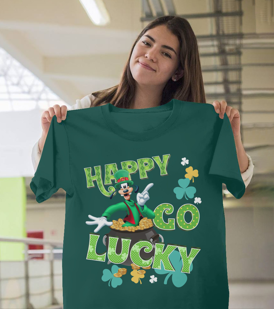 Happy Go Lucky Goofy Pot Of Gold Shamrocks T-Shirt