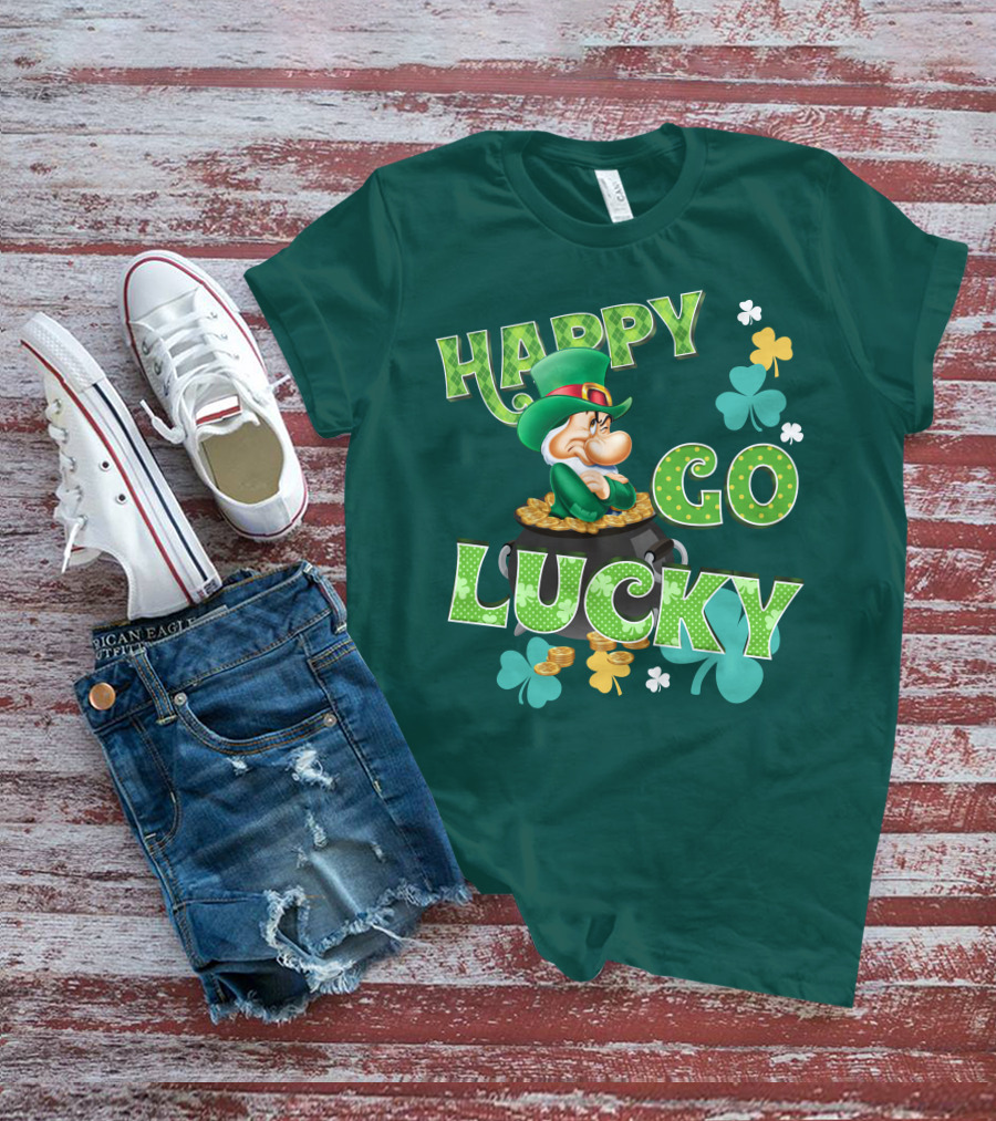Happy Go Lucky Grumpy Dwarf Leprechaun Pot Of Gold Shamrocks T-Shirt