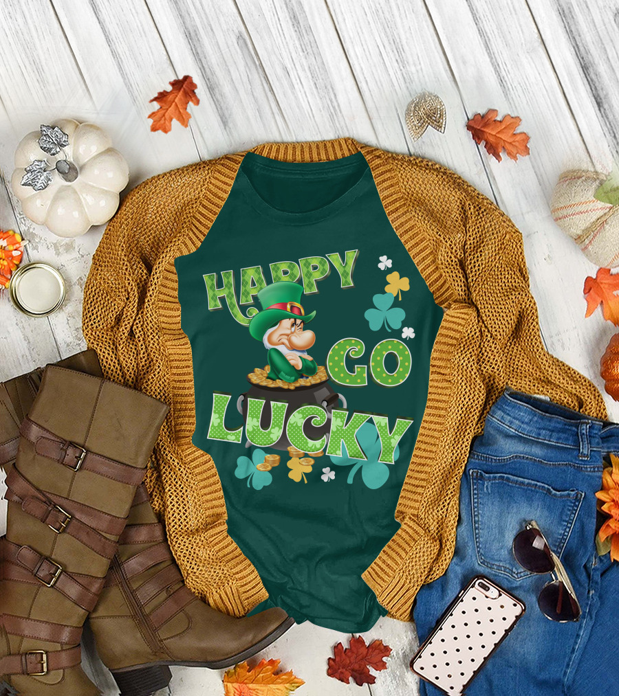 Happy Go Lucky Grumpy Dwarf Leprechaun Pot Of Gold Shamrocks T-Shirt