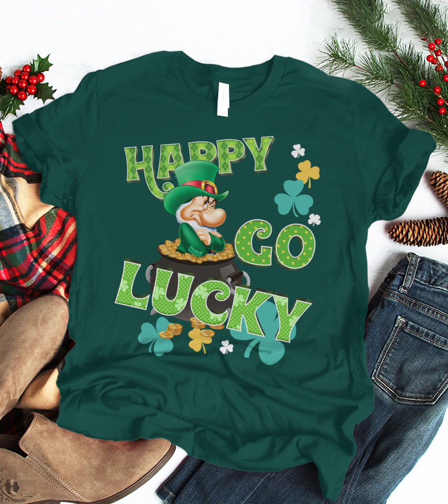 Happy Go Lucky Grumpy Dwarf Leprechaun Pot Of Gold Shamrocks T-Shirt