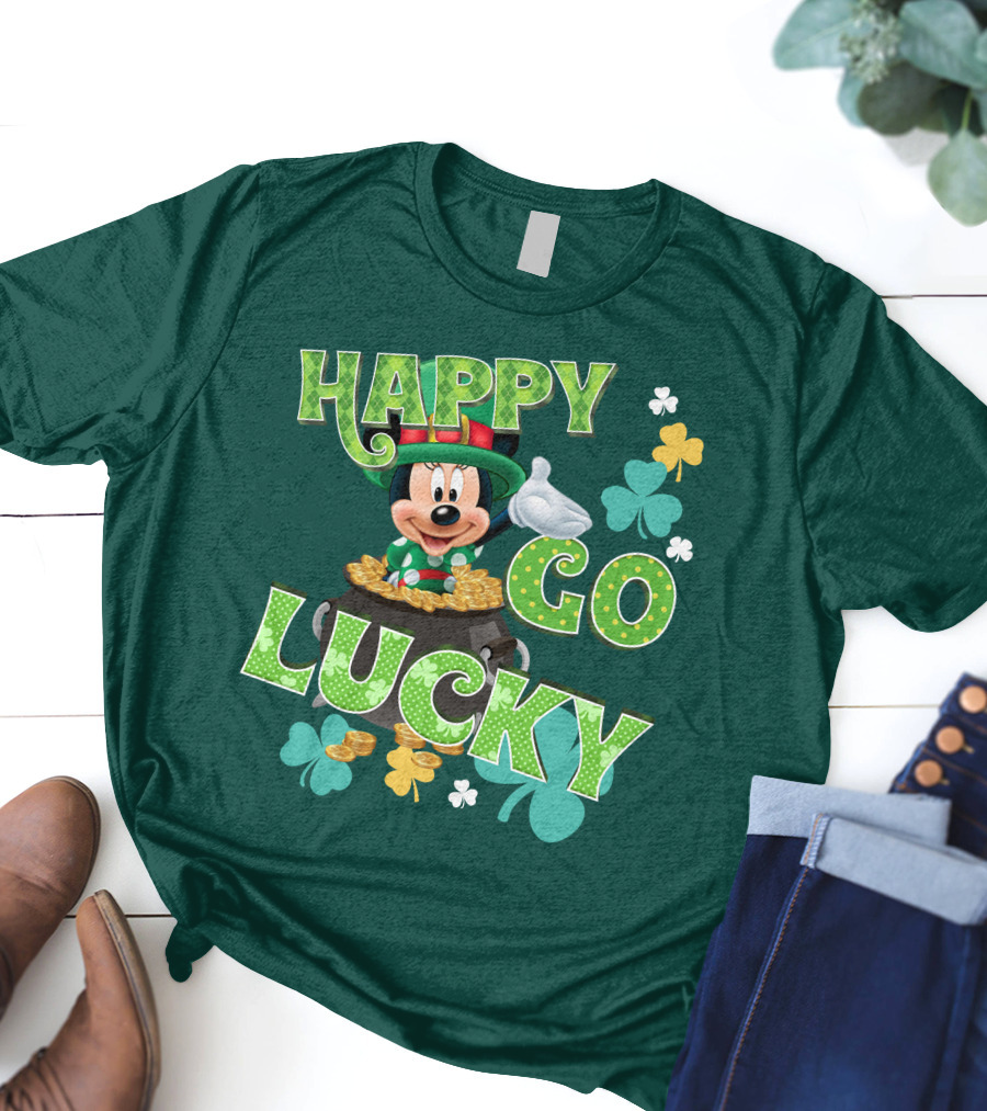 Happy Go Lucky Minnie Mouse Shamrock Pot Of Gold T-Shirt