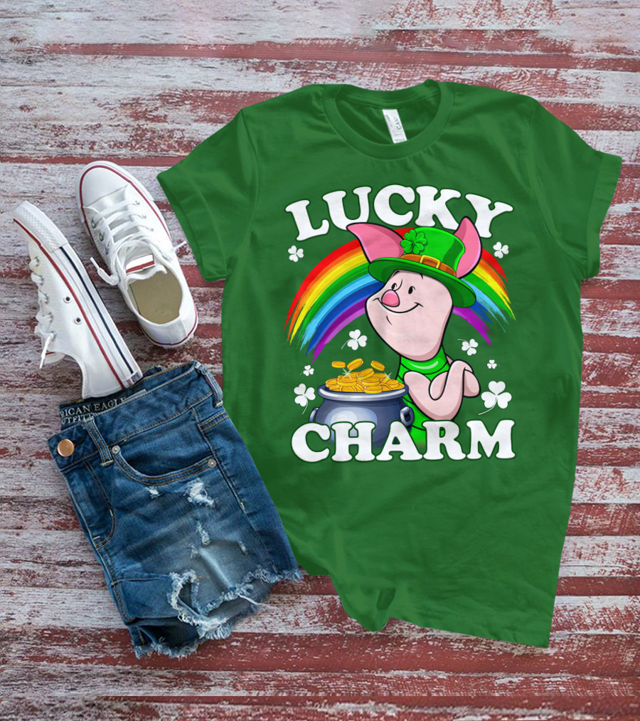 Lucky Charm With Piglet In Leprechaun Hat And Rainbow T-Shirt